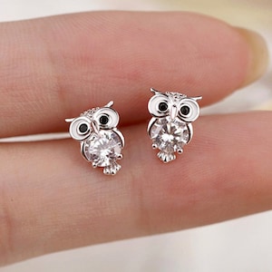 Dainty & Minimalist Twin Owls with Big CZ Stud Earrings, Birthday Gift for Her, Gold Silver Stud Earrings with CZ, Cute Earrings(E0025)