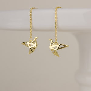 Origami Dainty Threader Earrings, Paper Crane Bird Threader Earrings, Gold, Rose Gold & Silver Earrings, Cute Earrings, Gift for Mom E0003 Earring Gold (Pair)