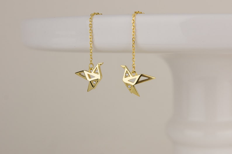 Origami Dainty Threader Earrings, Paper Crane Bird Threader Earrings, Gold, Rose Gold & Silver Earrings, Cute Earrings, Gift for Mom E0003 Earring Gold (Pair)