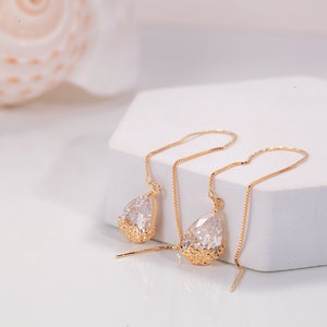 Minimalist Water Drop Threader Earrings, Sterling Silver Teardrop Gold Threader Earrings, Dangle Earrings, Minimalist EarringsE0095 image 4