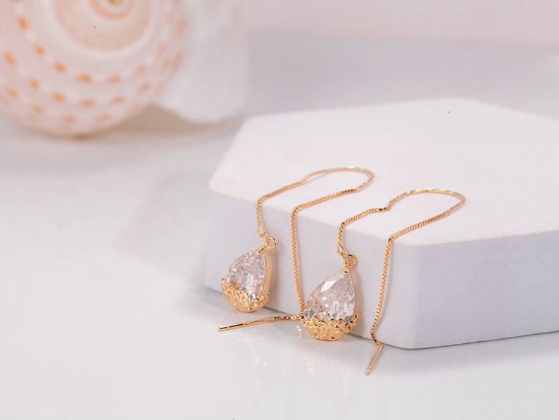 Minimalist Water Drop Threader Earrings, Sterling Silver Teardrop Gold Threader Earrings, Dangle Earrings, Minimalist EarringsE0095 image 4