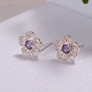 925 Sterling Silver Minimalist Flower Earrings Stud Purple