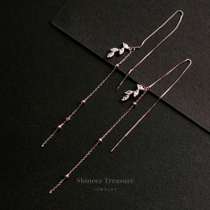 925 Sterling Silver Flowers Threader Earrings, Dangle Earrings, Chain Earrings, Long Chain Ear Threader, Gifts for Her(E0055)