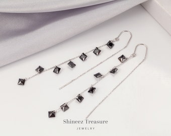 Black Gemstone Sterling Silver Threader Earrings, Gold and Rose Gold Threader Earrings Dangle, Dangle Earrings(E0225)
