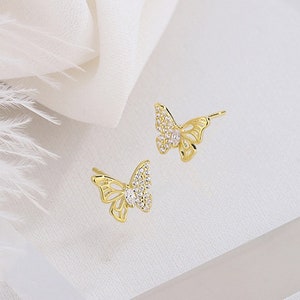 925 Silver Sparkling Butterfly Stud Earrings, Gold, Silver and Rose Gold Butterfly Stud Earrings, Gift for Her, Gift for Mom(E0069)