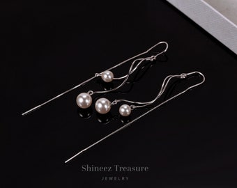 White Pearl Threader Earrings, Gold and Silver Threader Earrings, Bridesmaids Earrings, Cute Threader Earrings, Gift for Her(E0077)