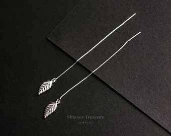 Minimalist Silver Leaf Threader Earrings, Leaf Dangle Threader Earrings, 925 Sterling Silver Threader Earrings, Gift for Her(E0016)