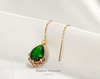 Green Gemstone Teardrop Gold Threader Earrings, 925 Sterling Silver Threader Earrings Dangle, Dangle Earrings, Minimalist Earrings (E0043)