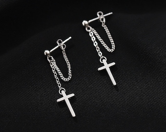 925 Sterling Silver Cross Chain Earrings, Dangle and Drop Earrings, Stud Earrings, Minimalist Earrings, Gifts for Her(E0042)