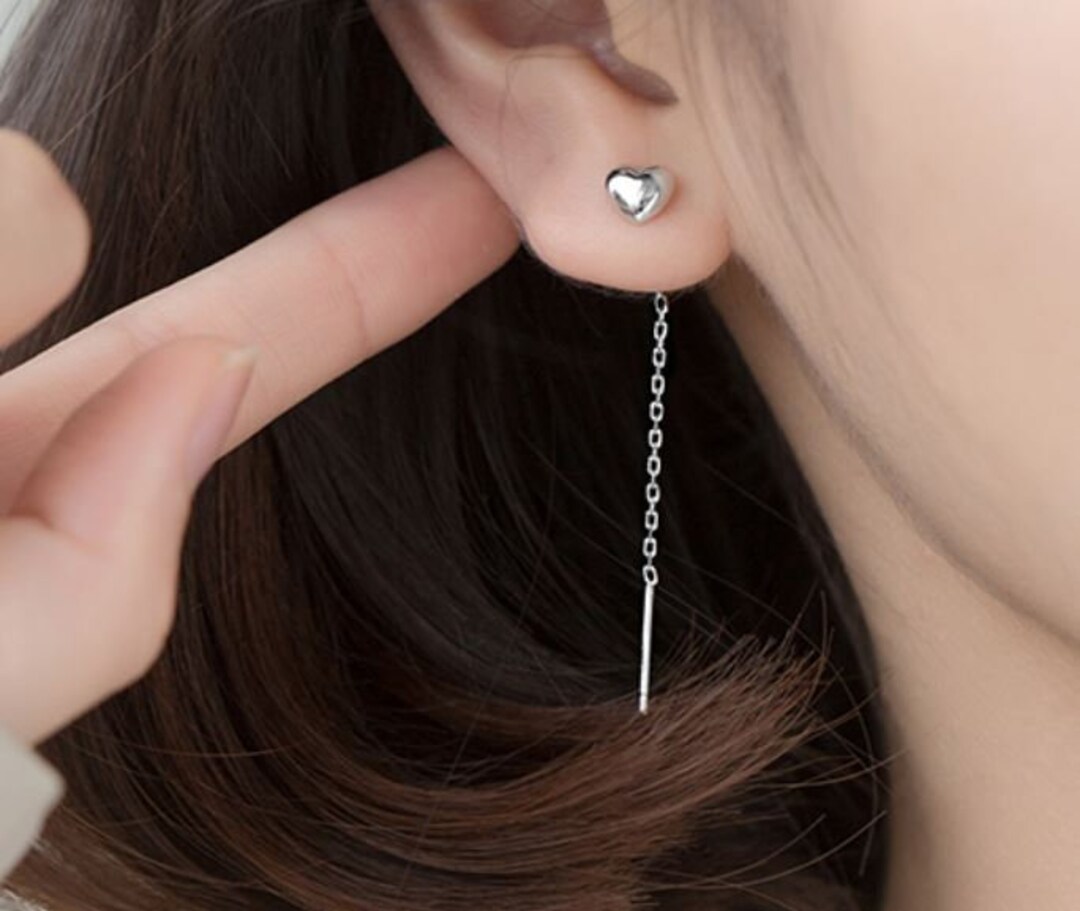Minimalist Heart Threader Earrings, Silver Threader Earrings, 925