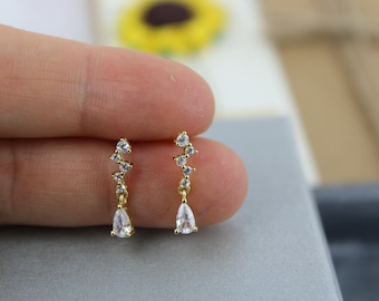 Sterling Silver Dangle Earrings, CZ Crystal, Dainty Drop Earrings