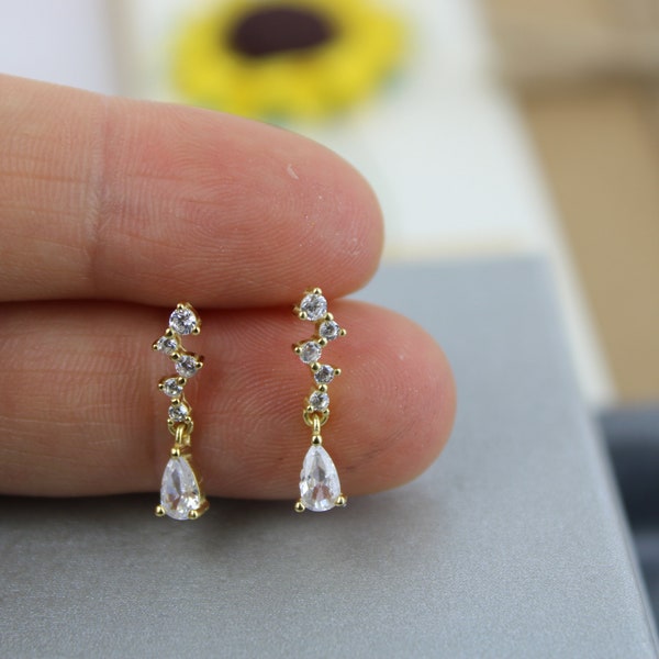 CZ Crystal Gold and Silver Dangle Earrings, Sterling Silver Earrings Dangle, Dainty Dangle Earrings, Bridesmaid Birthday Earrings (E0018)