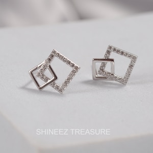 Interlock Squares Sterling Silver Stud Earrings, Geometric Stud earrings, Cubic Zirconia Stud Earrings, Minimalist Stud Earrings (E0056)