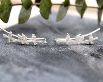 Minimalist Birds on Branch Crawler Earrings, Sterling Silver Climber Earrings, Gold Ear Crawler, Bridesmaid Gift, Gift For Her (E0008)