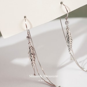 Sterling Silver Leaf Threader Earrings, Dangle U Hook Earrings