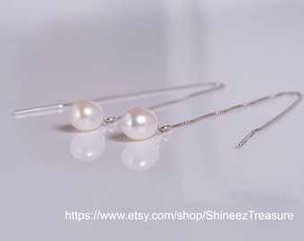 White Pearl Threader Earrings, Gold and Silver Threader Earrings, Bridesmaids Earrings, Cute Threader Earrings, Gift for Her(E0239)