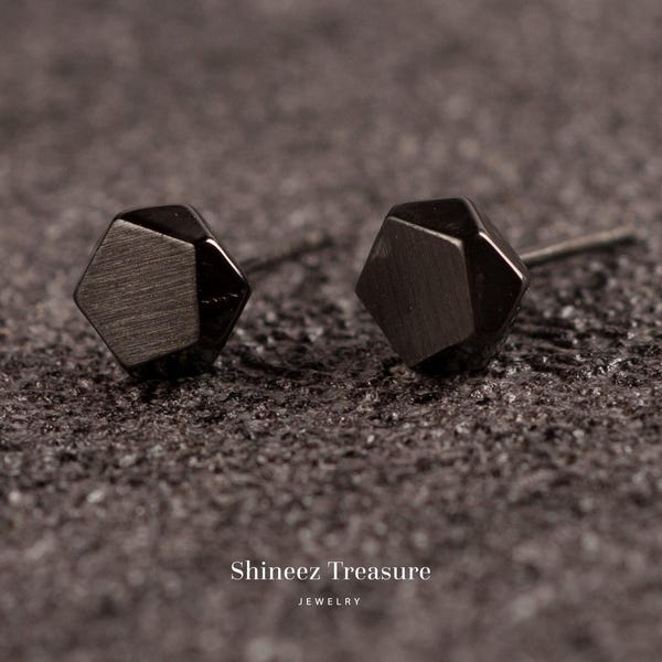 Black Geometric 925 Sterling Silver Stud Earrings, Minimalist Jewelry