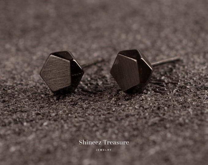 Black Geometric 925 Sterling Silver Stud Earrings, Minimalist Jewelry