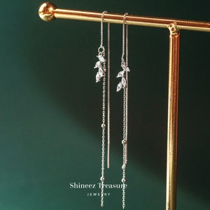 925 Sterling Silver Flowers Threader Earrings, Dangle Earrings, Chain Earrings, Long Chain Ear Threader, Gifts for Her(E0274)
