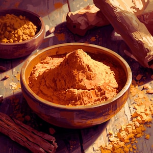 Peut inclure: Un bol en bois rempli de poudre de curcuma orange vif, avec un plus petit bol de curcuma en arrière-plan. Des bâtons de cannelle et des morceaux de curcuma éparpillés sont également visibles sur la surface en bois.