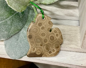 May include: A polished Petoskey stone pendant shaped like the state of Michigan, featuring a distinct tan and brown hexagonal fossilized coral pattern. The pendant is suspended by a thin, vibrant green cord through a small drilled hole.