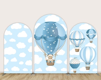 Hot Air Balloons Arched Wall, Newborn Baby Shower Boy Chiara Cover Backdrops, Blue Sky White Clouds Bear Birthday Arch Banner Background