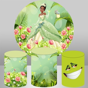 Customize Princess Tiana Round backdrop Cover for Birthday Party Decoration Banner Flower Frog Cylinder Pedestal Covers Background