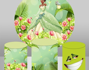 Princess Tiana Birthday Backdrop Cover, Cylinder Pedestal Covers