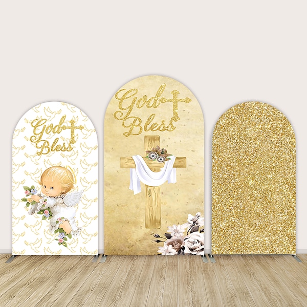 Gold theme God Bless Arch Backdrop Chiara Wall My First Holy Communion Arched Background Baby Shower Banner