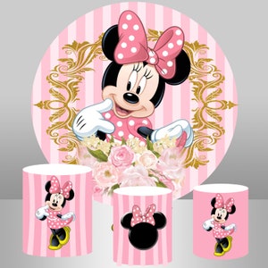 Fondo redondo de Minnie Mouse rosa, pancarta de decoración de fiesta de cumpleaños para niños personalizada, fondo para estudio fotográfico