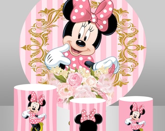Pink Minnie Mouse Round Backdrop,Custom Children Birthday Party Decoration Banner Background Photo Studio