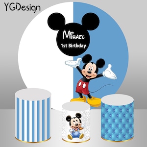 Fondo redondo azul de Mickey Mouse, niños personalizados decoración de fiesta de cumpleaños 1er banner fondo foto de portada estudio