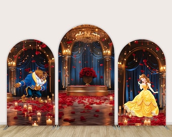 Princess Belle Birthday Arch Backdrop Cover, Beauty and the Beast Party