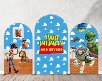 Blue Sky White Clouds Arch Backdrop for Party Supplies,Two Infinity and Beyond Buzz Woody Photo Background,Toy Story Baby Shower Banner Wall