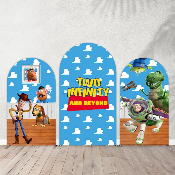 Blue Sky White Clouds Arch Backdrop for Party Supplies,Two Infinity and Beyond Buzz Woody Photo Background,Toy Story Baby Shower Banner Wall