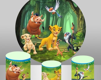 Cartoon Lion King Round Backdrop,Custom Baby Boy Birthday Party Decoration Banner Forest Jungle safari Background Photo Studio