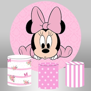 Cute Pink Baby Minnie Mouse Round Backdrop,Custom Girls 1st Birthday Party Decoration Banner, Background Photo Studio