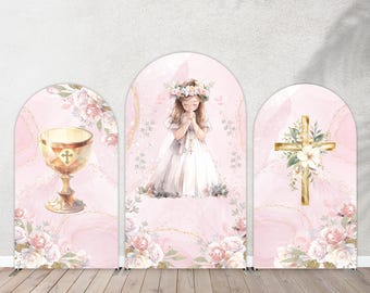 Pink Floral First Communion Arch Backdrop Cover, God Bless Banner