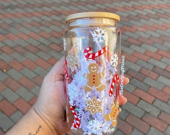 Christmas Gingerbread 16oz Personalized Reusable Glass Can | Ice Coffee Beer Glass Can