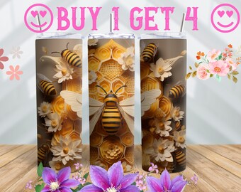 3D Flower Bee Honeycomb 20 oz Skinny Tumbler Sublimation Design, Instant Digital Download PNG, Straight Tumbler Wrap