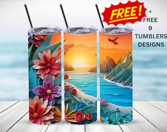 Beach Tumbler Sublimation Design, 20 oz Skinny Tumbler Wrap Sunset, Summer Sublimation Tumbler Design Seamless - PNG Instant Download