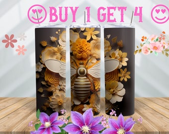 3D Flower Bee Honeycomb 20 oz Skinny Tumbler Sublimation Design, Instant Digital Download PNG, Straight Tumbler Wrap