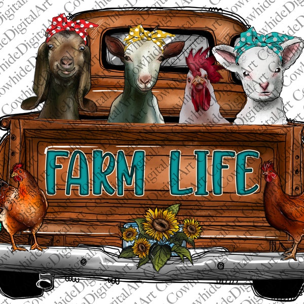 Farm truck PNG File ,Sublimation Design, Farm life, Chicken,Goat,Animal,Truck,Sunflower, Digital Download, Bandana, Western, Truck, Farm