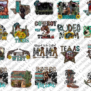 May include: A collection of 16 digital designs featuring cowboy and rodeo themes. The designs include various colors, patterns, and text, such as "Cowboy", "Rodeo", "Texas", and "Howdy".