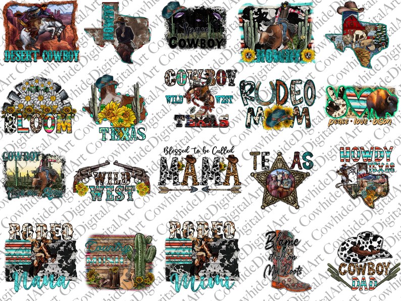 May include: A collection of 16 digital designs featuring cowboy and rodeo themes. The designs include various colors, patterns, and text, such as "Cowboy", "Rodeo", "Texas", and "Howdy".