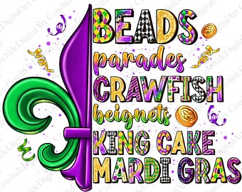 Mardi Gras Png, Beads, King Cake, Crawfish Sublimation Design (Digital Download)