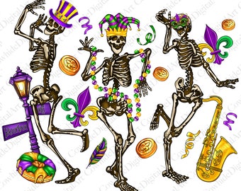 Pode incluir: Três esqueletos vestidos com trajes de Mardi Gras, incluindo um chapéu de bufão, um chapéu-coco e uma máscara. Os esqueletos estão dançando e segurando instrumentos musicais, incluindo um saxofone e um pandeiro. Há também contas de Mardi Gras, penas e uma placa que diz "Bourbon Street".