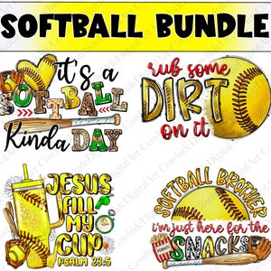 May include: A digital art bundle of four softball-themed designs. The designs feature a heart with a softball, a baseball bat and ball, a cup with a softball design, and a baseball with the text "I'm just here for the snacks".