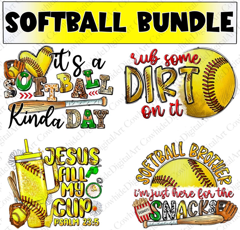 May include: A digital art bundle of four softball-themed designs. The designs feature a heart with a softball, a baseball bat and ball, a cup with a softball design, and a baseball with the text "I'm just here for the snacks".