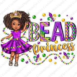 May include: A digital illustration of a young girl wearing a purple dress and a gold crown. She is holding a string of purple and green beads. The text "BEAD PRINCESS" is written in purple, green, and gold letters with a diamond pattern.